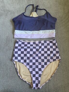 Livy & Kate Purple Checkered Longline Bikini Top and High Rise Bottom